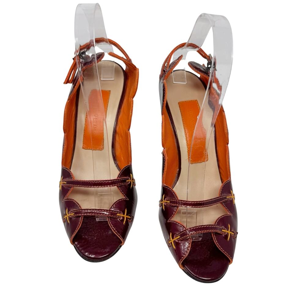 Manolo Blahnik Vintage Y2K Scalloped Patent Pump Burgundy Orange 38.5 - Picture 2 of 6